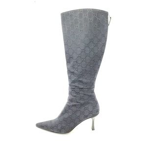 GUCCI Boots GG Logo Black Canvas Tall Heeled Shoes EU 38.5